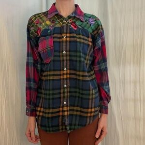 Blue, Pink, Yellow, Green Tartan Plaid Flannel Blouse w/ Floral Embroidery Y2K
